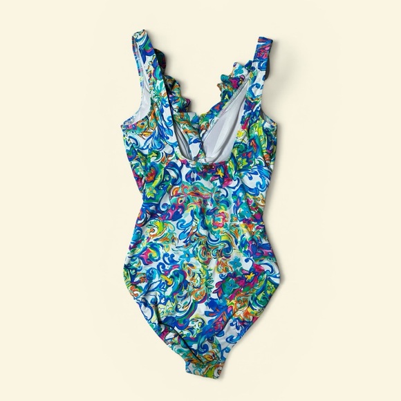 Lauren Ralph Lauren Ruffle V-Neck One-Piece Swimsuit in Multicolor in Size 10 - Picture 4 of 9